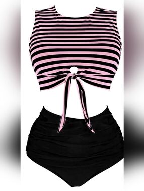 Pink & Black Striped Tie-Front RETRO SWIMSUIT